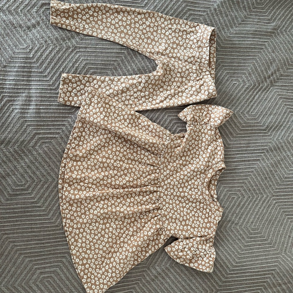 Baby girl Floral Puff-Sleeve Top and Legging Set - Tan/White